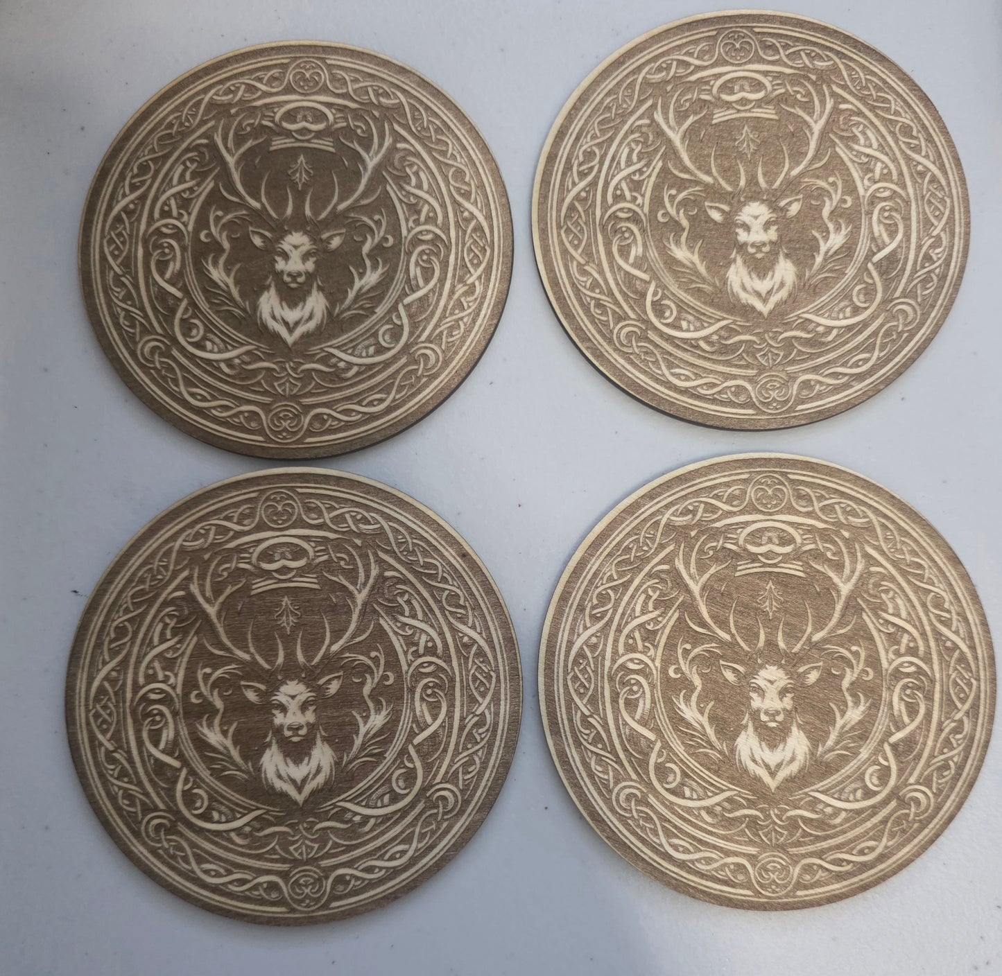 Rustic Deer Wooden Coasters Set – Laser Engraved Stag Drink Coasters – Woodland Cabin Decor – Hunting Lodge Table Decor – Set of 4