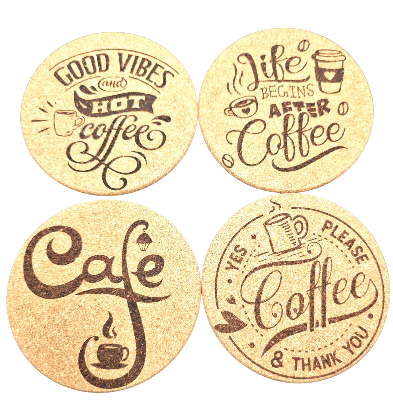 Set of 4 Laser-Engraved Cork Coffee Coasters – Rustic Café Aesthetic