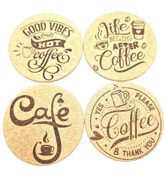 Set of 4 Laser-Engraved Cork Coffee Coasters – Rustic Café Aesthetic