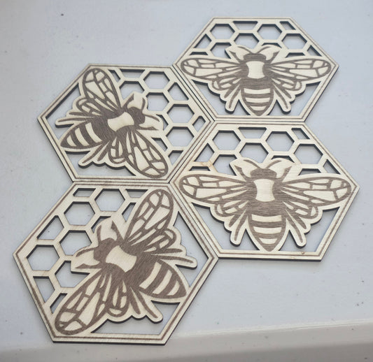 Bee Honeycomb Wooden Coasters Set – Laser Cut Honey Bee Drink Coasters – Rustic Farmhouse Table Decor – Honeycomb Bee Gift – Set of 4