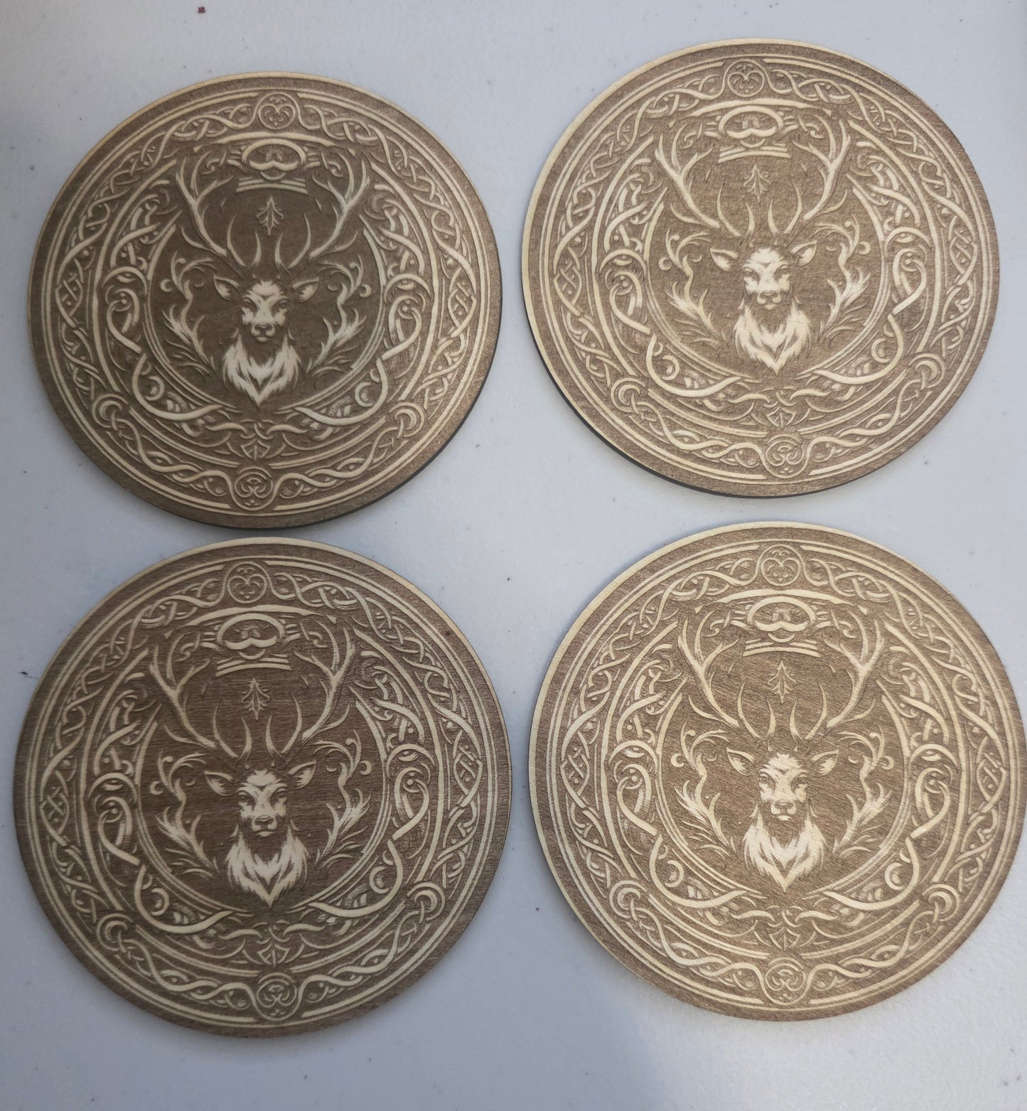 Rustic Deer Wooden Coasters Set – Laser Engraved Stag Drink Coasters – Woodland Cabin Decor – Hunting Lodge Table Decor – Set of 4