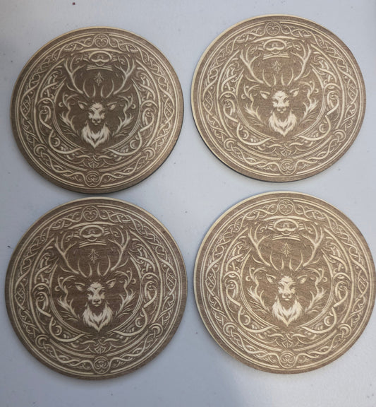 Rustic Deer Wooden Coasters Set – Laser Engraved Stag Drink Coasters – Woodland Cabin Decor – Hunting Lodge Table Decor – Set of 4