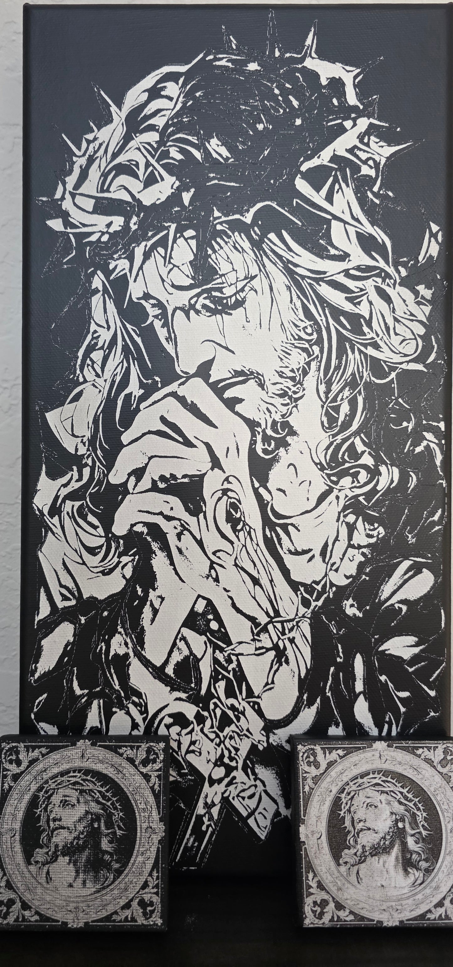 Engraved Jesus Wall Art – Crown of Thorns Black & White – Laser Engraved Religious Canvas / Wood Decor