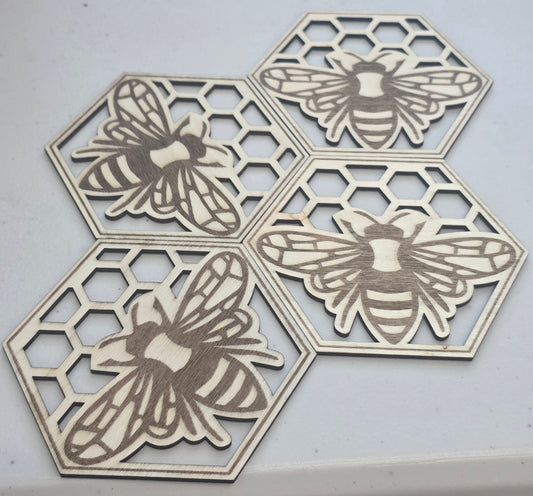 Bee Honeycomb Wooden Coasters Set – Laser Cut Honey Bee Drink Coasters – Rustic Farmhouse Table Decor – Honeycomb Bee Gift – Set of 4