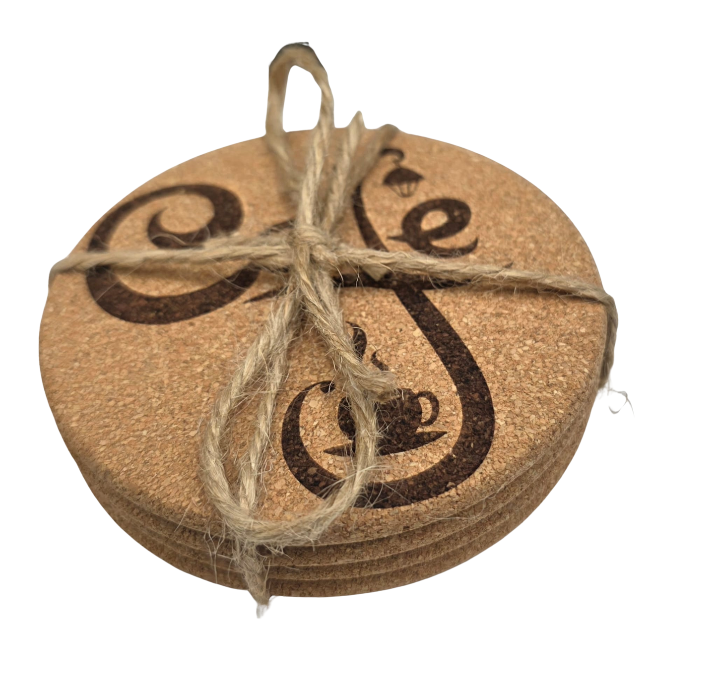 Set of 4 Laser-Engraved Cork Coffee Coasters – Rustic Café Aesthetic
